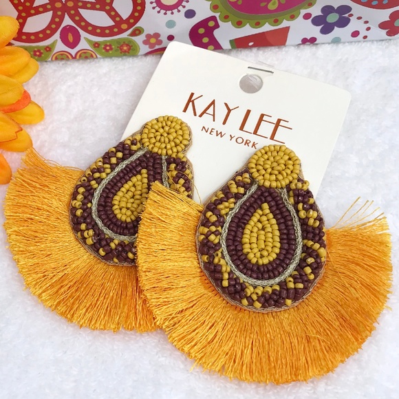 Large Boho Seed Bead Fan Tassel Post Drop Earrings - Picture 4 of 5